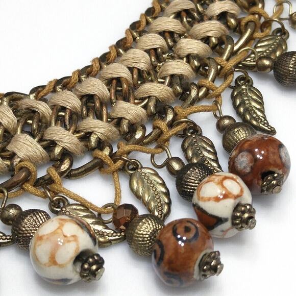 Bohemian Statement Necklace Woven Gold Tone with Earth Tone Ceramic Beads - Picture 7 of 8